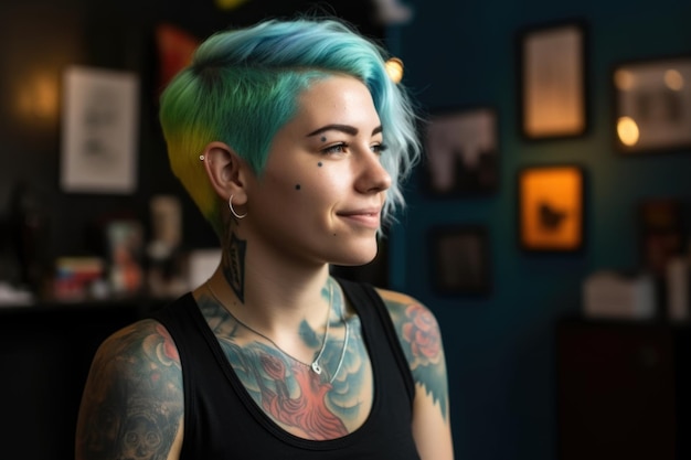 Uma mulher feliz tatuada com corte de cabelo curto azul claro em pé no escritório Generative AI AIG21