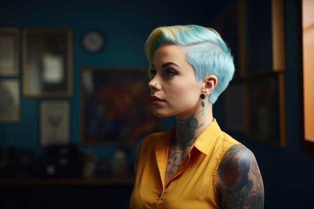 Uma mulher feliz tatuada com corte de cabelo curto azul claro em pé no escritório Generative AI AIG21