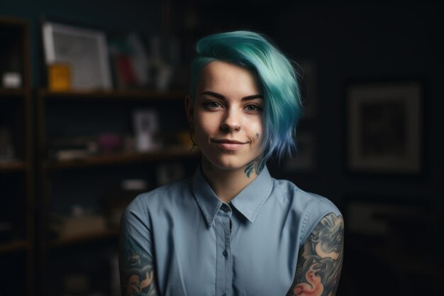 Uma mulher feliz tatuada com corte de cabelo curto azul claro em pé no escritório Generative AI AIG21