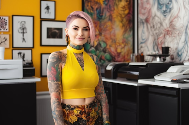 Uma mulher feliz tatuada com corte de cabelo curto colorido em pé no escritório Generative AI AIG21