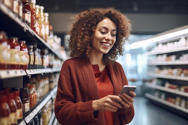 Foto uma mulher feliz usa seu celular em um supermercado com generative ai