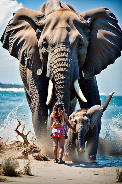 Uma mulher fica ao lado de dois elefantes com as palavras "elefante" nas costas.