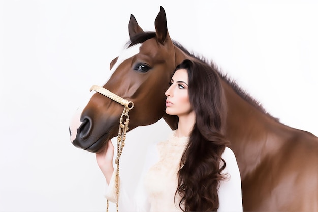 Uma mulher fica ao lado de um cavalo com um freio sobre ele no fundo branco