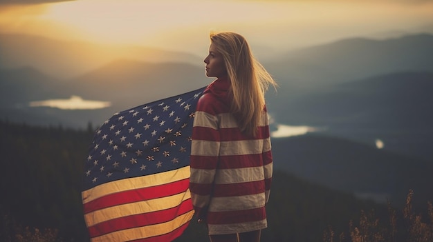 Uma mulher fica em uma colina com uma bandeira americana ao fundogenerativ e ai