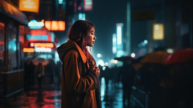 Uma mulher fica na chuva em frente a um letreiro de néon que diz "eu te amo"