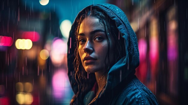 Uma mulher fica na chuva em uma cidade escura com as palavras 'menina na frente'