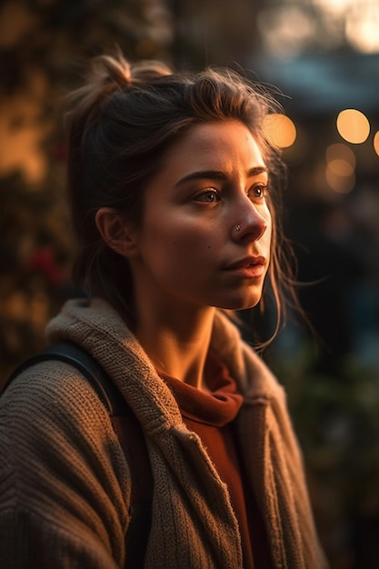 Uma mulher fica na frente de uma árvore de natal iluminada