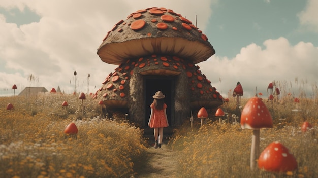 Uma mulher fica na frente de uma casa de cogumelos