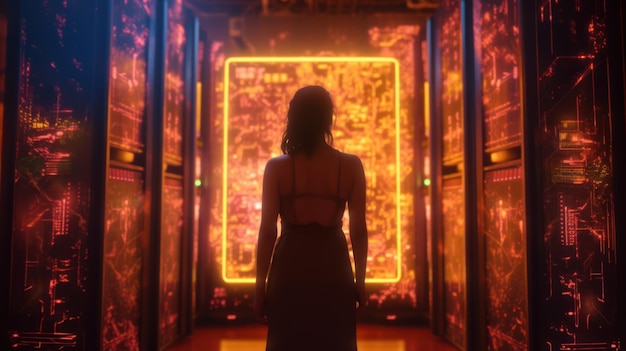 Uma mulher fica perto do centro de um computador quântico que se parece com uma porta