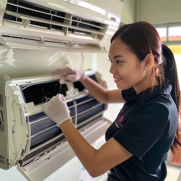 Foto uma mulher filipina está a limpar o ar condicionado.