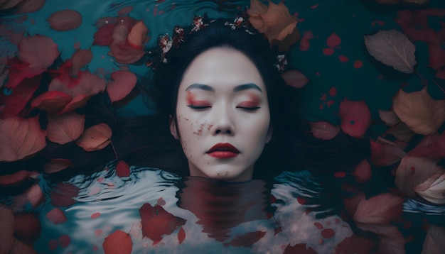 Uma mulher flutuando em uma piscina com folhas no rosto.