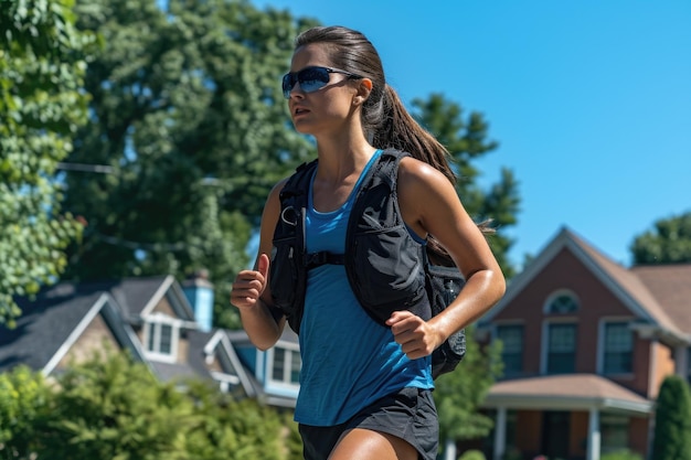 Uma mulher focada corre em uma área suburbana usando óculos escuros e uma blusa azul
