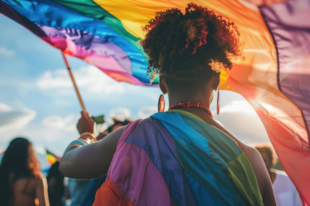 Uma mulher forte orgulhosamente segura uma bandeira arco-íris em um vibrante desfile do orgulho que simboliza a unidade, o amor e a aceitação