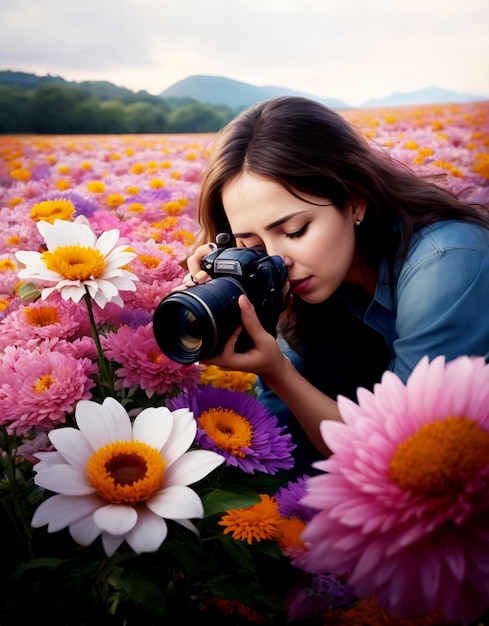 Uma mulher fotógrafa em um campo de flores