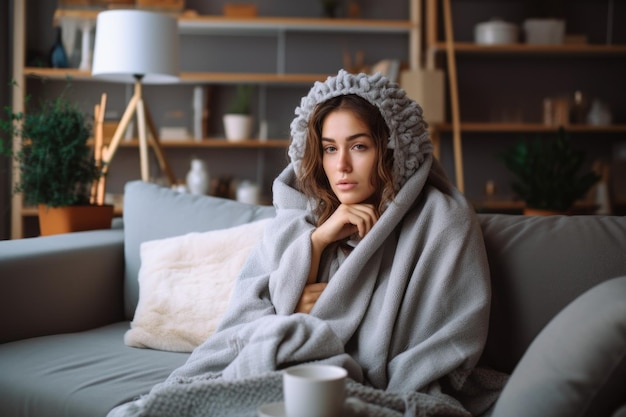 Foto uma mulher fria que sofre de gripe está sentada em um sofá na sala de estar com um copo embrulhado em um