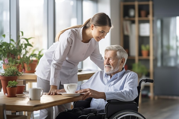 Uma mulher gentilmente serve uma xícara de café a um homem sentado em uma cadeira de rodas em uma aconchegante mesa de café Jovem cuidadora ajudando um homem idoso em uma cadeira de rodas em uma casa de repouso Gerada por IA