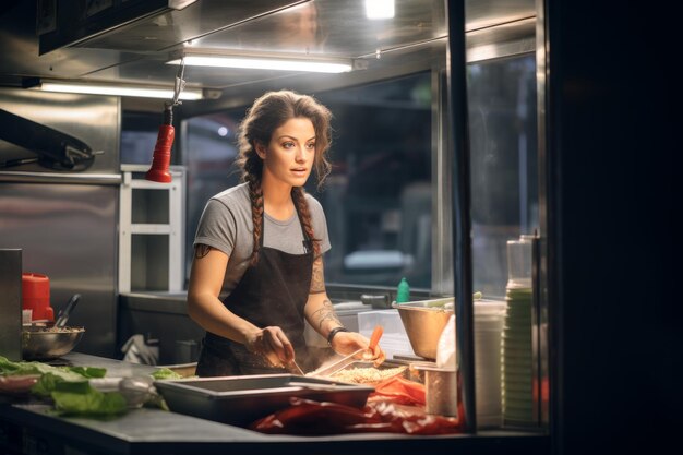 uma mulher gerenciando um food truck AI generativo