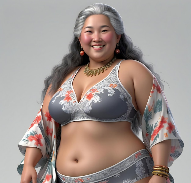 Uma mulher gorda asiática vestindo um kimono.