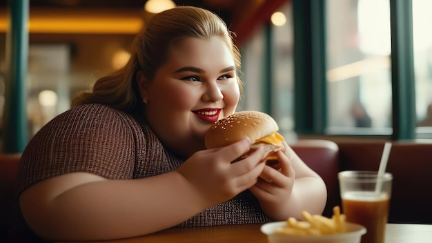 Foto uma mulher gorda come um hambúrguer em um café recusando uma dieta saudável o conceito da importância de um estilo de vida saudável