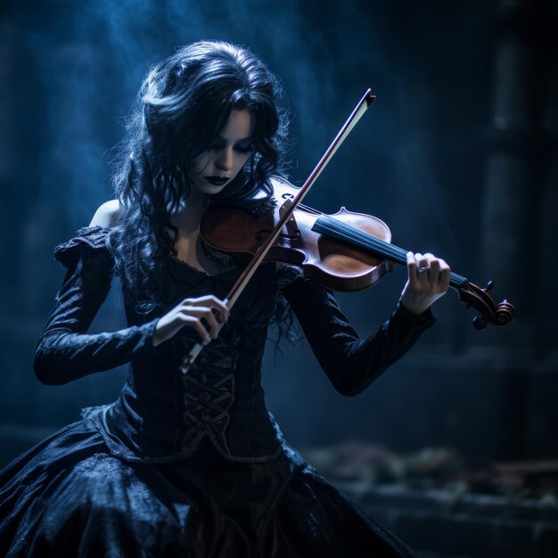 uma mulher gótica mergulha o público em uma performance musical de violino encantadora criando um visual