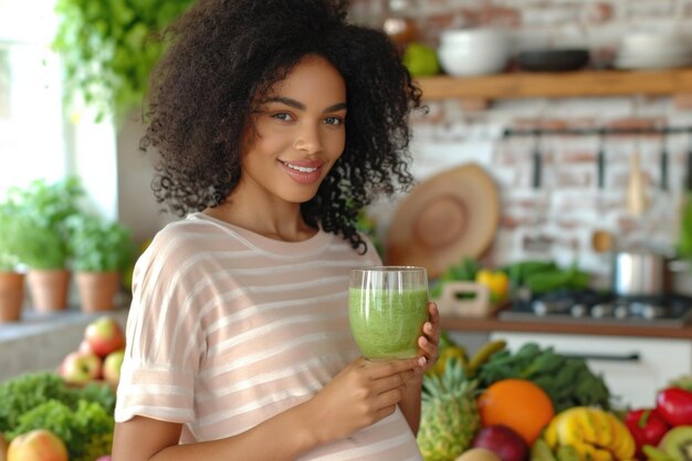 Foto uma mulher grávida africana segura um copo de smoothie verde em suas mãos contra o fundo da cozinha