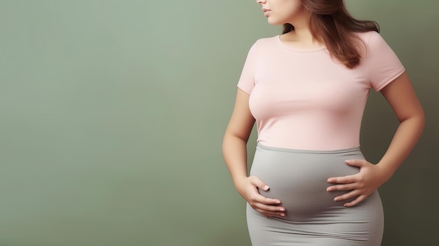 Uma mulher grávida alegre coloca as mãos no abdômen