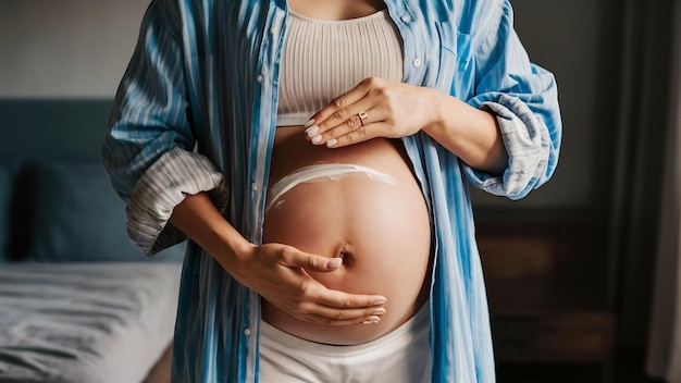 Foto uma mulher grávida aplica creme para estrias no estômago.