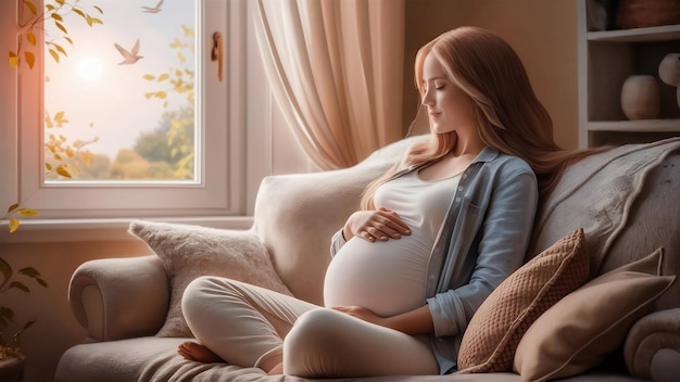 Uma mulher grávida bonita senta-se no sofá e olha para a janela.