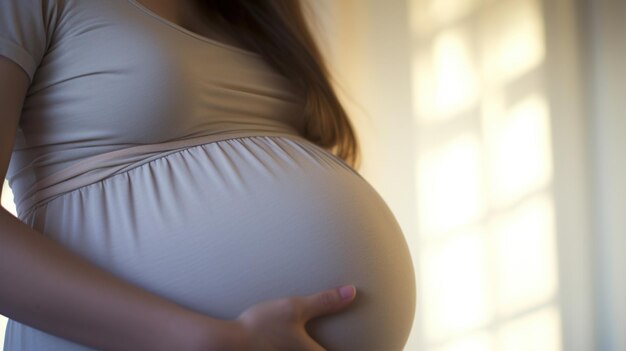 Foto uma mulher grávida com as mãos na barriga em close-up