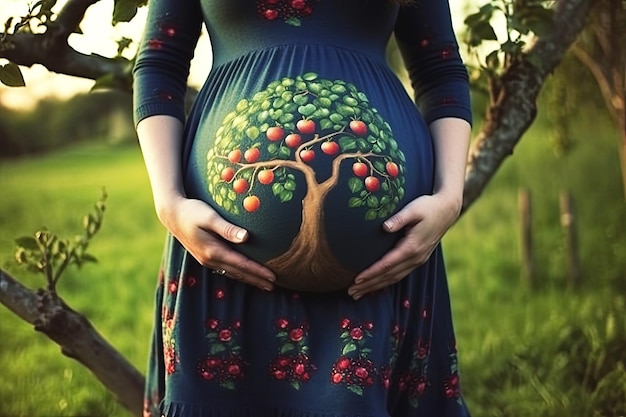 Uma mulher grávida com uma barriga que retrata uma maçã com frutas maduras