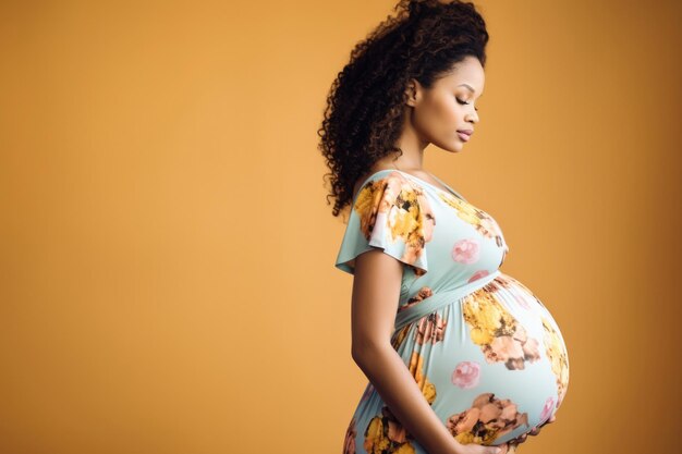 Uma mulher grávida confiante com herança afro-americana segurando suavemente a barriga comemorando o