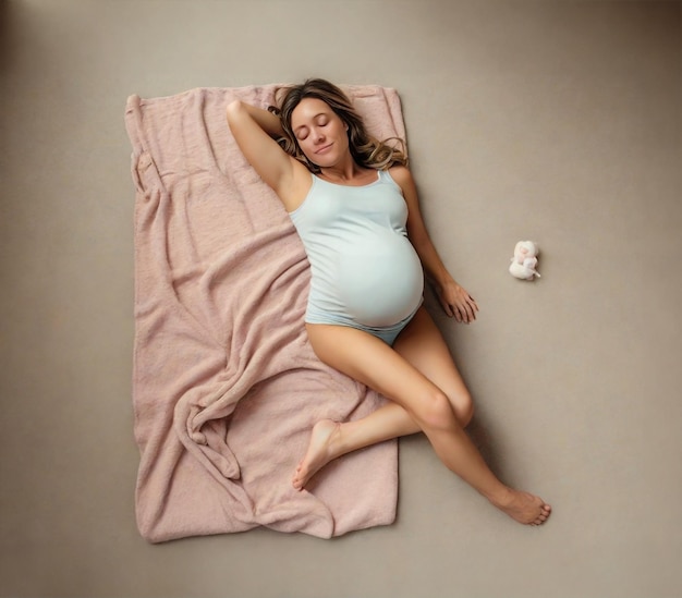 Foto uma mulher grávida deitada em um cobertor rosa