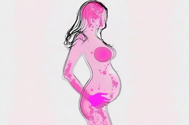 Uma mulher grávida é desenhada em rosa e tem uma mancha rosa na barriga.