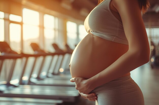 Uma mulher grávida é vista de pé em frente a uma fileira de esteiras em um ginásio Ela parece estar se preparando para um treino cercada de equipamentos de exercícios
