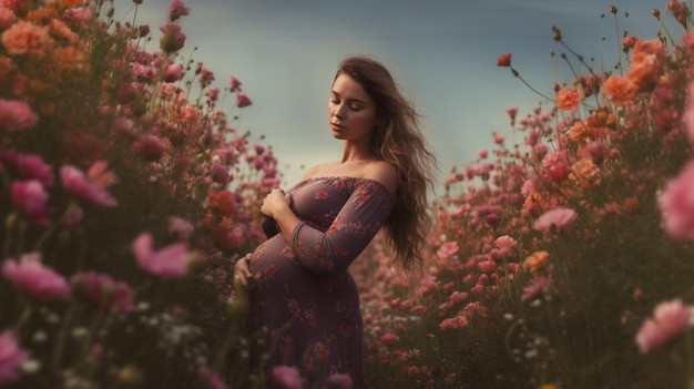 Uma mulher grávida em um campo de flores