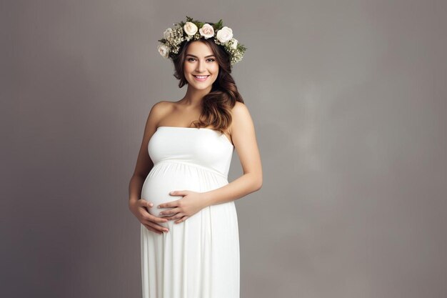 Foto uma mulher grávida em um vestido branco com flores no cabelo