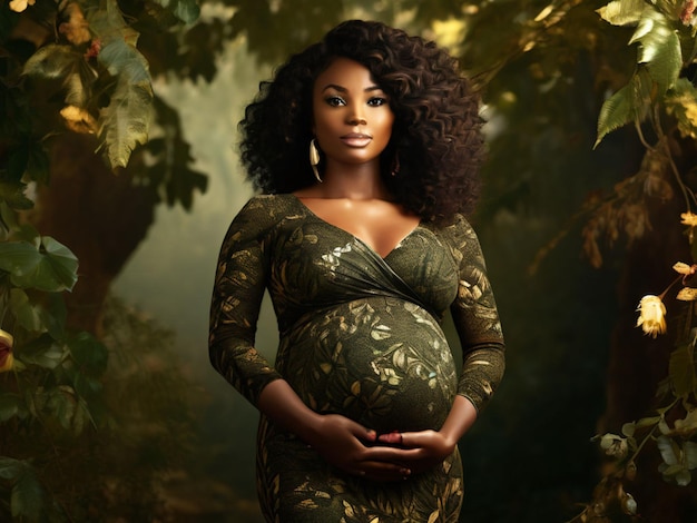uma mulher grávida em um vestido verde com a palavra grávida na parte de baixo