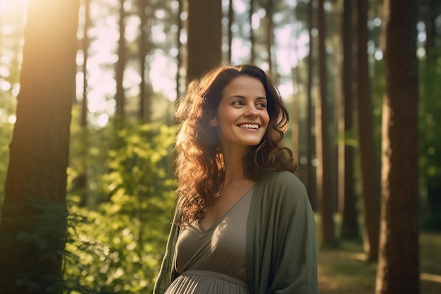 Uma mulher grávida está parada na floresta