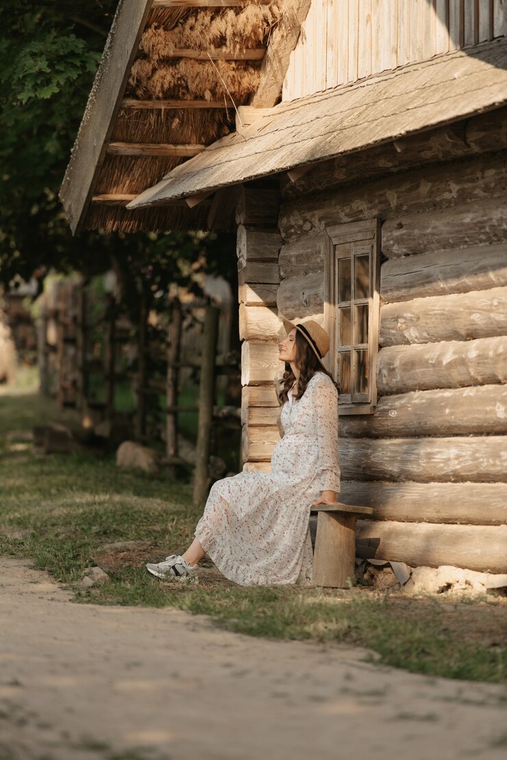 Foto uma mulher grávida está relaxando perto de uma velha casa de toras em uma vila do leste europeu. uma gravidez feliz. uma senhora em um vestido longo e um chapéu, sentada num banco no campo à noite.