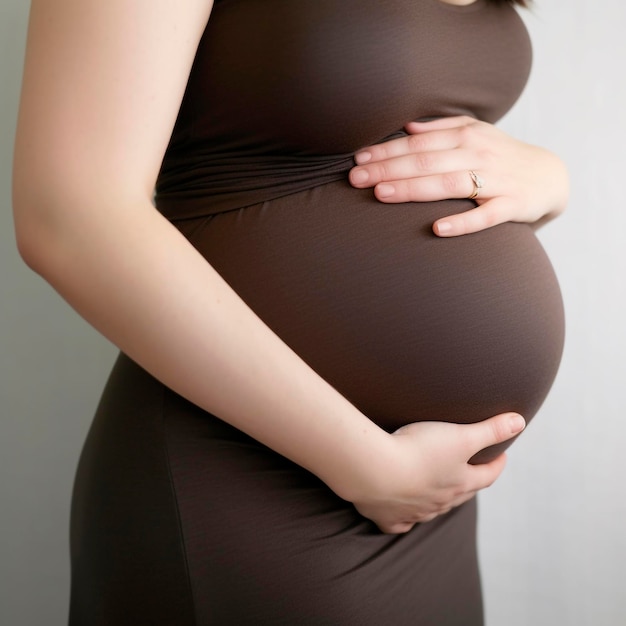 Uma mulher grávida está segurando a barriga e usando um vestido marrom.