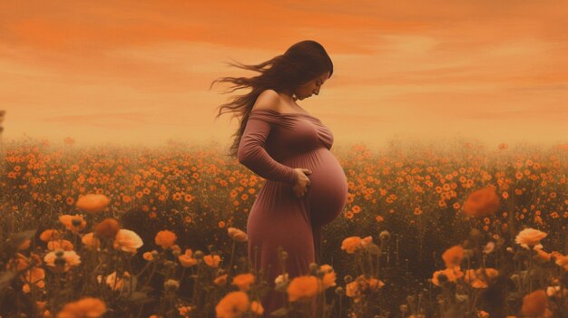 Foto uma mulher grávida num campo de flores