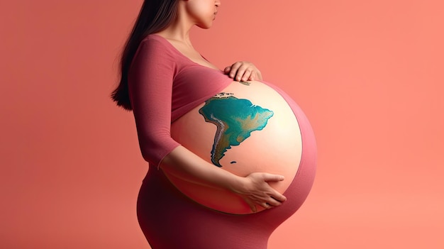Foto uma mulher grávida segura um mapa da áfrica na barriga.