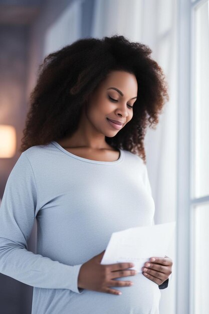 uma mulher grávida segurando um pedaço de papel