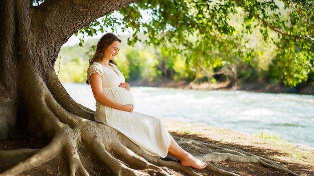 uma mulher grávida senta-se numa árvore perto da água