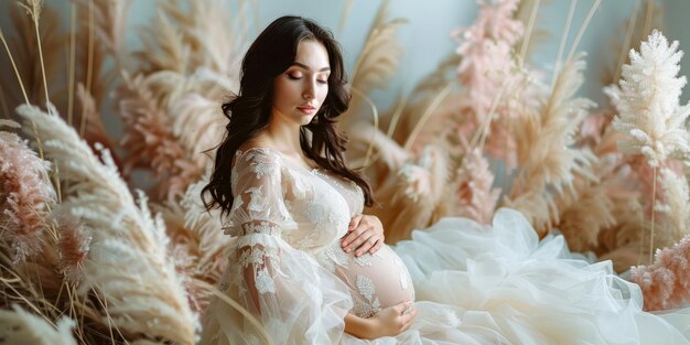 Uma mulher grávida serena em um vestido pastel fluído está entre a grama suave das pampas encarnando a graça e o brilho natural da maternidade.