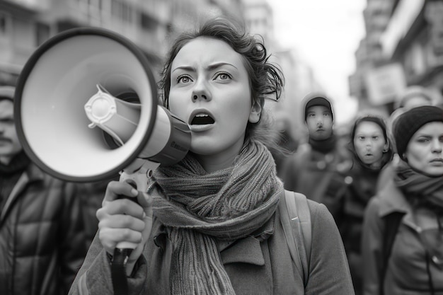 Uma mulher gritando através de megafone em uma multidão de trabalhadores documentário preto e branco Ai generativo