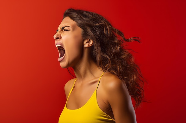 Foto uma mulher gritando em um fundo vermelho