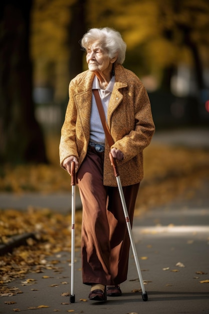 Uma mulher idosa a caminhar com a bengala lá fora.