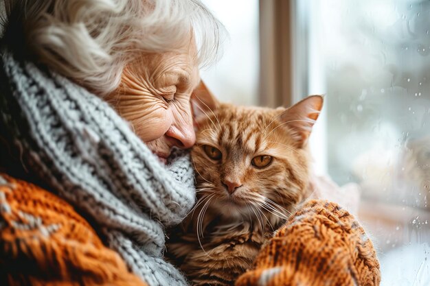 Uma mulher idosa acaricia carinhosamente seu gato enquanto está sentada à janela