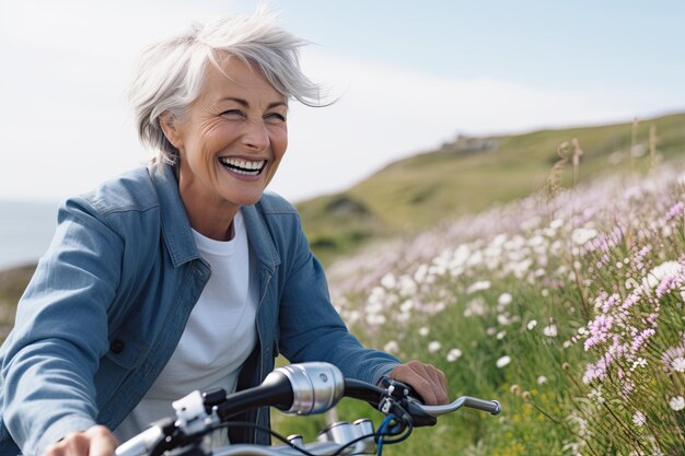 Uma mulher idosa andando de bicicleta por uma imagem de ai generativa de encosta coberta de grama